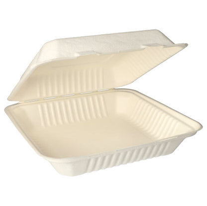 The PAPSTAR menu boxes sugarcane "pure", undivided (8x25.5 cm), from PAPSTAR GmbH, is a beige compostable molded fiber container with a ribbed edge - a sustainable choice for eco-conscious dining.