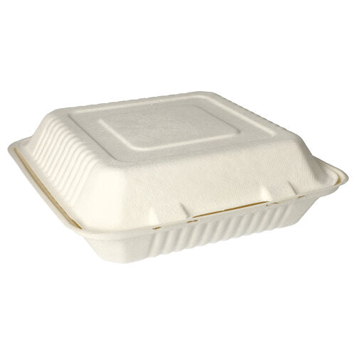 Pictured is a closed, rectangular PAPSTAR menu boxes sugarcane "pure", undivided (8x25.5 cm), takeout container from PAPSTAR GmbH on a white background - an eco-friendly solution in a box (300 pieces) for environmentally conscious to-go options.