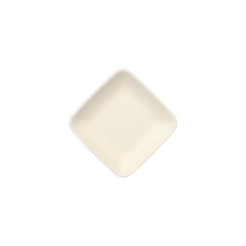 The PAPSTAR finger food plate square made of sugarcane "pure", 6.5 cm, white (12 pieces), is placed diagonally on a white background - a sustainable choice for disposable tableware or as a finger food plate.