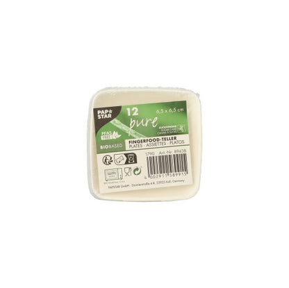 A square pack with 12 PAPSTAR finger food plates square, 6.5 cm, white, made of sugarcane "pure", by PAPSTAR GmbH, in shrink wrap; labeled as sustainable disposable tableware and biodegradable.