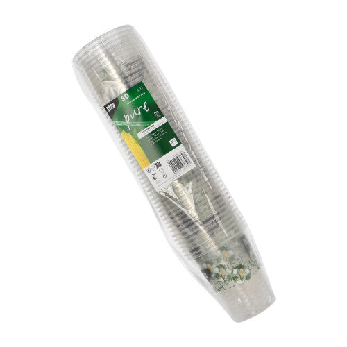 A pack of 50 PAPSTAR "Cup made of corn" PLA cups from PAPSTAR GmbH, wrapped in plastic foil and provided with a green-white label indicating they are biodegradable and made from corn.