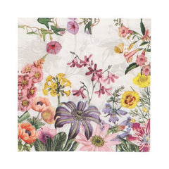 The PAPSTAR 20 napkins, 33x33 cm, 3-ply, 1/4-fold (Design Set 4) from the PAPSTAR GmbH features a colorful floral pattern with pink, yellow, purple, and orange flowers on a white background.