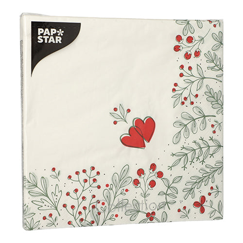 Eine Packung PAPSTAR 20 Servietten, 40x40 cm, 3-lagig, mit weißem Hintergrund, roten Beeren, grünen Blättern und einem roten Herz in der Mitte. Der Markenname PAPSTAR GmbH erscheint in der oberen linken Ecke.