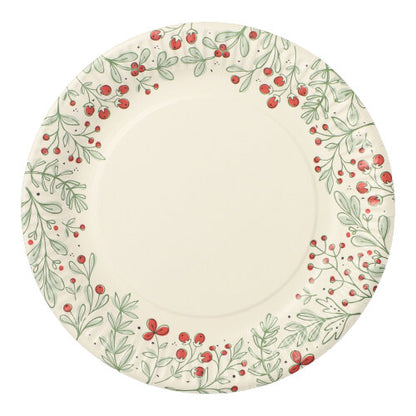 The 10 plates, round cardboard Ø 23 cm from PAPSTAR GmbH features a round design with a cream filling and a botanical border of green leaves and red berries. Ideal for parties and events. The empty plate is depicted from above.
