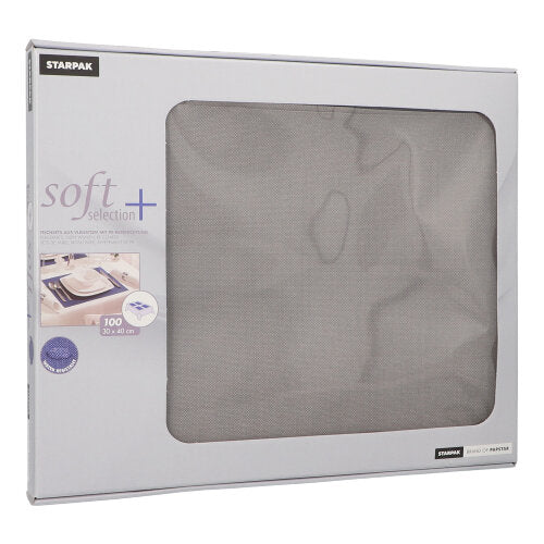 Una caja PAPSTAR con 100 manteles individuales "soft selection plus" de PAPSTAR GmbH contiene servilletas de fieltro similar a tela de 30 x 40 cm, ideales como mantel individual. El empaque gris tiene una ventana transparente que permite ver el contenido.