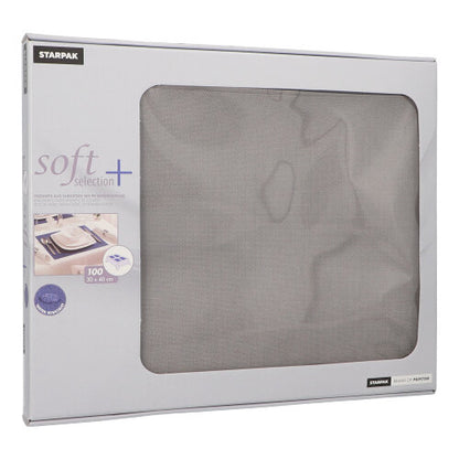 Una caja PAPSTAR con 100 manteles individuales "soft selection plus" de PAPSTAR GmbH contiene servilletas de fieltro similar a tela de 30 x 40 cm, ideales como mantel individual. El empaque gris tiene una ventana transparente que permite ver el contenido.