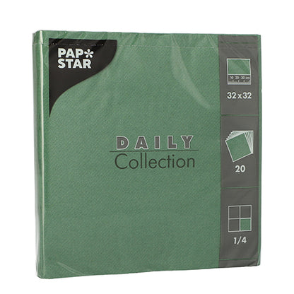 Eine grüne Packung mit 20 Servietten „DAILY Collection“ der PAPSTAR GmbH, 32 x 32 cm, 1/4-Falz – perfekt für eine stilvolle Tischdekoration, mit Produktdetails auf der Vorderseite.