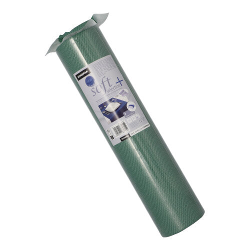 Ein aufgerollter Starpak-Tischläufer (stoffähnlich, Vlies „Soft Selection Plus“, 24 m x 40 cm) mit ausführlichem Etikett steht aufrecht vor einem weißen Hintergrund. Der Premium-Tischläufer ist ideal für besondere Anlässe.