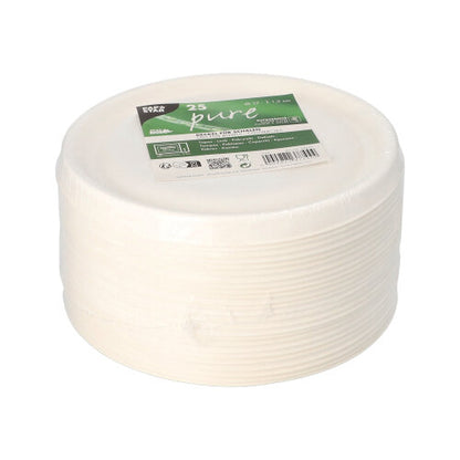 Una pila de 25 tapas "pure" blancas PAPSTAR para cuencos de caña de azúcar (Ø 17 cm), empaquetadas en film transparente con marca - ideal para la gastronomía cómoda y ecológica de PAPSTAR GmbH.