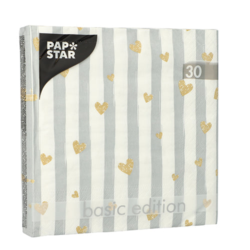 Eine Packung mit 30 PAPSTAR Servietten, 3-lagig, 1/4-Falz, je 33 x 33 cm von der PAPSTAR GmbH; grau-weiß gestreifte Servietten mit goldenem Herzmotiv, perfekt für besondere Anlässe.