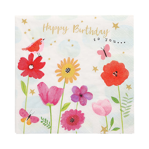 Serviettene PAPSTAR 20 servietter 33x33 cm fra PAPSTAR GmbH viser et floralt og festlig design med en rød fugl, sommerfugler, gyldne stjerner og teksten "Happy Birthday to you..." på hvit bakgrunn.