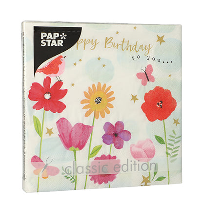 De PAPSTAR 20 servietter (33x33 cm, 3-lags, 1/4-fals) av PAPSTAR GmbH viser røde, rosa og gule blomster, en fugl, en sommerfugl, gyldne stjerner og teksten "Happy Birthday to you..." med PAPSTAR-logoen øverst til venstre.