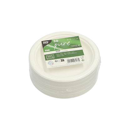 A set of 50 PAPSTAR sugarcane "pure" plates from PAPSTAR GmbH with a green-white label, certified and biodegradable - the eco-friendly choice for disposable tableware.