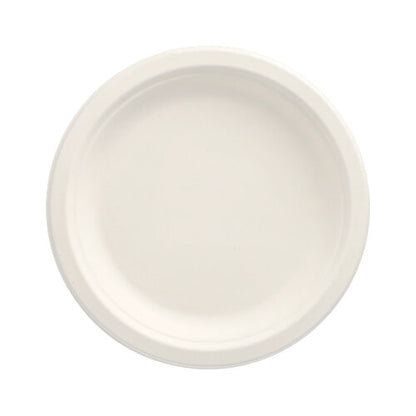 Depicted is a PAPSTAR 50 sugarcane "pure" plates from PAPSTAR GmbH against a white background. The simple, round, white plate has a slightly raised edge and is free of patterns or decorations.
