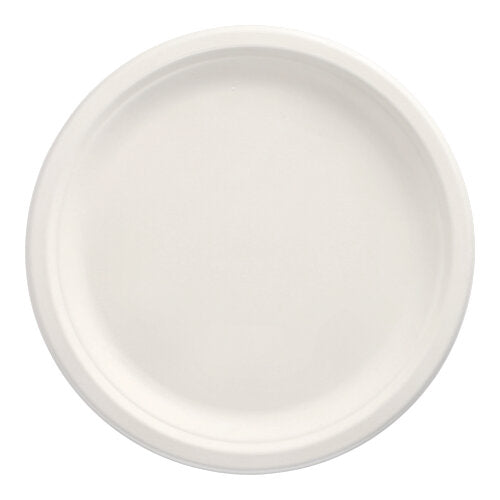 A simple, round, white PAPSTAR 50 sugarcane "pure" plates from PAPSTAR GmbH is photographed from above on a white background. The eco-friendly disposable plate has a slightly raised edge and no decorations or markings.