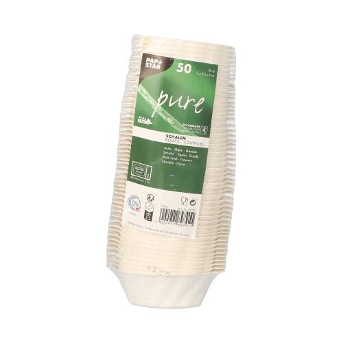 A stack of 50 PAPSTAR finger food bowls sugarcane, white, 3x9.5x6 cm "Wave" from PAPSTAR GmbH, wrapped in plastic with product info and recycling symbols, as a hint of sustainable finger food packaging.