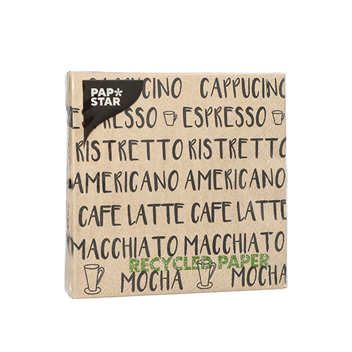 PAPSTAR 20 servilletas, 25x25 cm, 3 capas, con motivos de café como capuchino y espresso en negro - ideal para una decoración de mesa elegante. Marca: PAPSTAR GmbH.