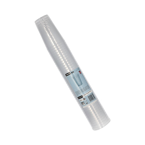 Ein Stapel Starpak 40 unzerbrechlich Mehrweg-Gläser für Apfelwein (0,25 l, Ø 7 cm, 10,5 cm), verpackt in Schrumpffolie mit einem weiß-blauen Etikett mit Produktinformationen.