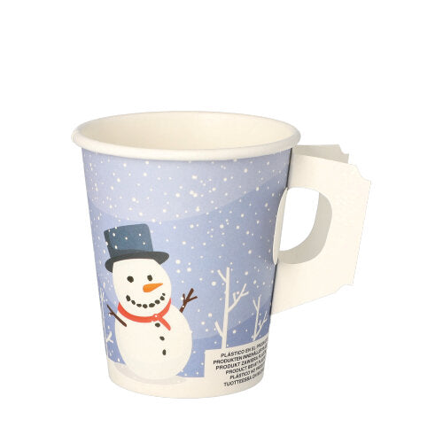 Die PAPSTAR GmbH 50 „Snowman“ Trinkbecher aus Pappe (0,2l, Ø8cm, 9,3cm) mit Henkel sind ideal für winterliche Veranstaltungen und Partys – fröhliches Design mit Schneemannmotiv auf blauem Hintergrund (50 Stück).