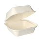 La PAPSTAR caja de hamburguesa de caña de azúcar "pura" (8x14x15 cm, blanca) de la PAPSTAR GmbH es un contenedor rectangular blanco con tapa de bisagra hecho de caña de azúcar compostable, perfecto para comidas ecológicas. Paquete de 25 unidades.
