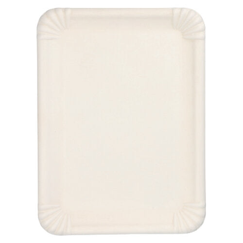 Den PAPSTAR serveringsfatene i sukkerrør "pure" rektangulær, 26x35 cm, hvit (6 stykker) fra PAPSTAR GmbH er et rektangulært, biologisk nedbrytbart hvitt brett med opphøyde kanter og hjørneribber, fotografert tomt ovenfra.