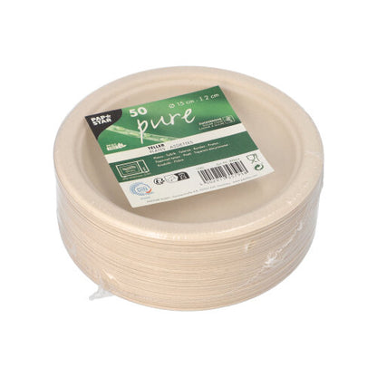PAPSTAR 50 sugarcane "pure" plates from {{3e977c8b33c621181655f65633a877}} GmbH: 15 cm large, sustainable disposable plates made from sugarcane, eco-friendly packaged in plastic with a green-white label - part of a conscious product line.