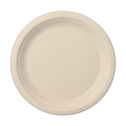 The PAPSTAR 50 sugarcane "pure" plates from PAPSTAR GmbH is a simple, round beige plate with a slightly raised edge, shown from above on a white background.