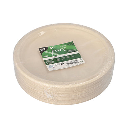 A package of 50 round, beige PAPSTAR sugarcane "pure" plates from PAPSTAR GmbH, packed in clear plastic with a green-white label - the perfect eco-friendly disposable plate for sustainable gatherings.