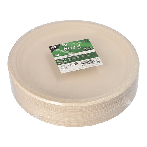 A stack of round, beige PAPSTAR 50 sugarcane "pure" plates, wrapped in plastic with a green-white PAPSTAR label indicating 50 eco-friendly disposable plates.