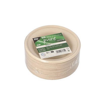 A stack of round PAPSTAR sugarcane bowls "pure", Ø 15.5 cm, natural, 380 ml (50 pieces) from PAPSTAR GmbH, biodegradable and packed in shrink wrap. The green-white top label shows details, logos, and barcode.