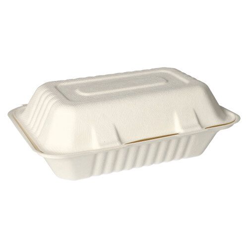 The PAPSTAR menu boxes sugarcane undivided (7.9x15.5x23 cm, white, 500 pieces) from PAPSTAR GmbH is a sustainable, rectangular takeout box made from bagasse - ideal as an eco-friendly packaging for food.