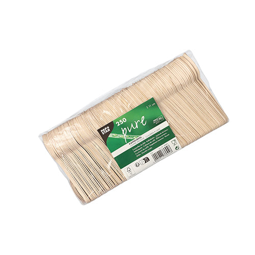 Die PAPSTAR GmbH 250 Kaffeelöffel Holz „pure“ (11 cm) kommen in einer transparenten Kunststoffverpackung mit grün-weißem „pure“-Label, Recycling-/Zertifizierungssymbolen – eine nachhaltige, biologisch abbaubare Alternative.