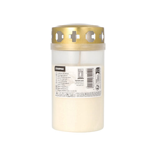 Das Starpak Grablicht mit Golddeckel Ø 6,4 cm · 12,5 cm mit Hülle ist eine weiße Grabkerze in einem durchscheinenden Behälter mit kreuzförmigen Aussparungen im goldenen Deckel, beschriftet mit Produktinformationen – ideal für den Einsatz auf dem Friedhof.