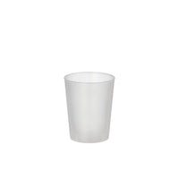 A Starpak reusable glass for schnapps (4 cl, Ø 4.3 cm, 5.2 cm tall), satin-finished and unbreakable, is shown against a white background. The package contains 20 pieces.
