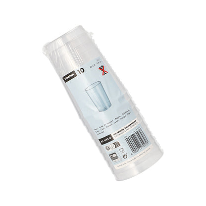 10 transparente, unzerbrechliche Mehrweg-Trinkbecher aus PP von Starpak, in klarer Verpackung mit Etikett, Barcode und Becherbild.