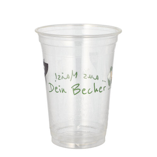 A transparent, biodegradable cup from PAPSTAR GmbH made of PLA ("Cup made of corn") with green German text is empty and stands on a plain white background. The eco-friendly PAPSTAR 50 PLA drinking cup is depicted upright.