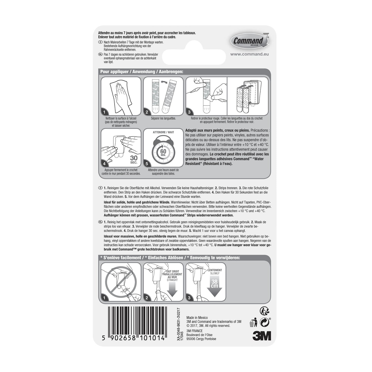 Rückseitenverpackung des Command™ Leinwandaufhängers von 3M Deutschland GmbH mit Barcode, Produktdetails, 3M-Logo und bebilderter Anleitung in Französisch, Deutsch und Niederländisch zum Anbringen und Entfernen von Klebestreifen.