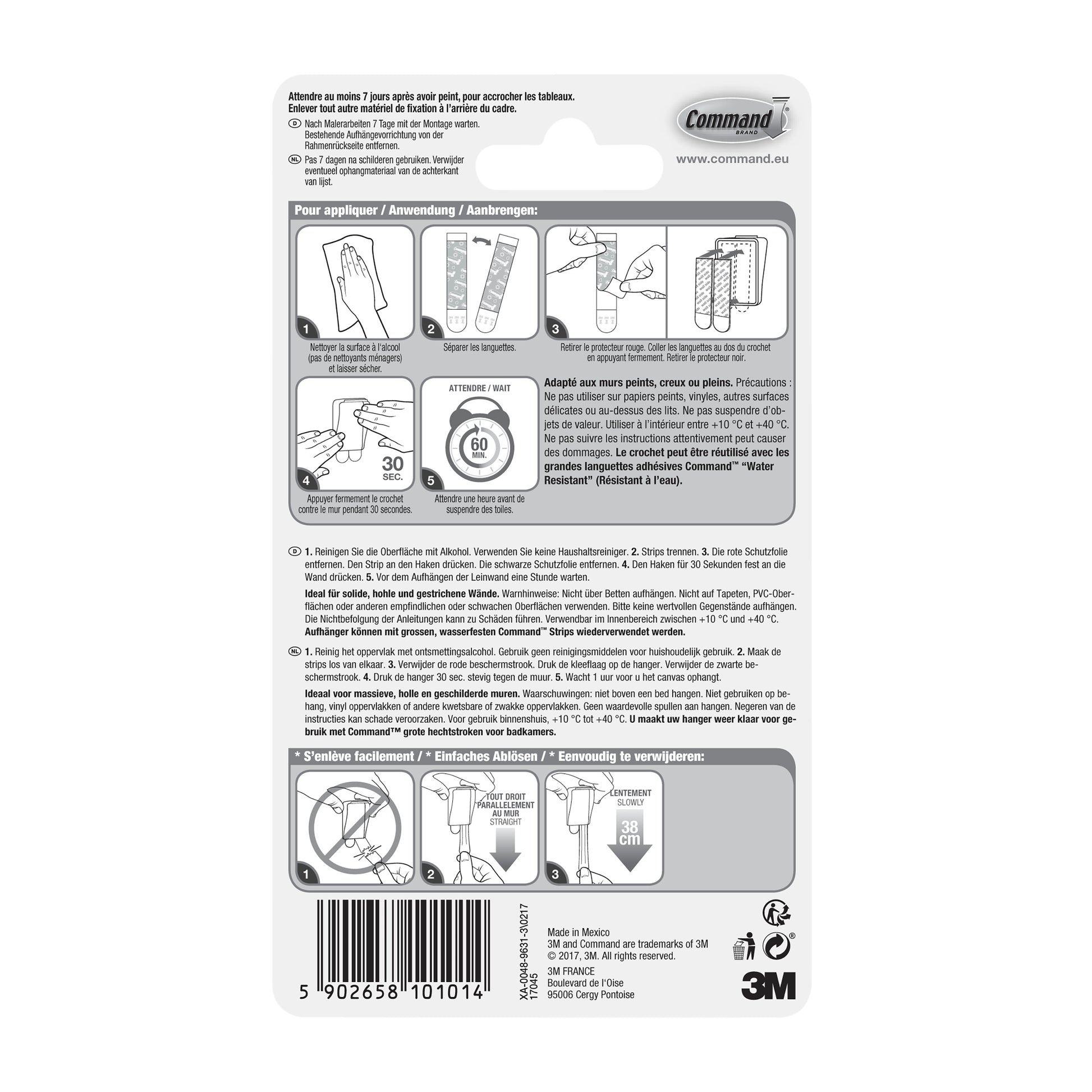 Rückseitenverpackung des Command™ Leinwandaufhängers von 3M Deutschland GmbH mit Barcode, Produktdetails, 3M-Logo und bebilderter Anleitung in Französisch, Deutsch und Niederländisch zum Anbringen und Entfernen von Klebestreifen.