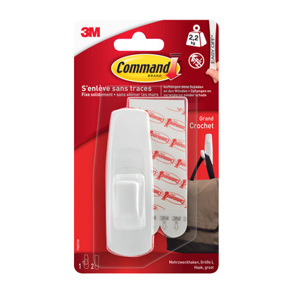 Eine Packung 3M Deutschland GmbH Command™ Large Universal-Haken, 17003-FGN (2,2 kg Tragkraft), enthält zwei Klebestreifen und einen Haken - perfekt zum beschädigungsfreien Aufhängen. Die rot/weiße Verpackung ist mit französischem und deutschem Text versehen. Kein Bohren erforderlich.
