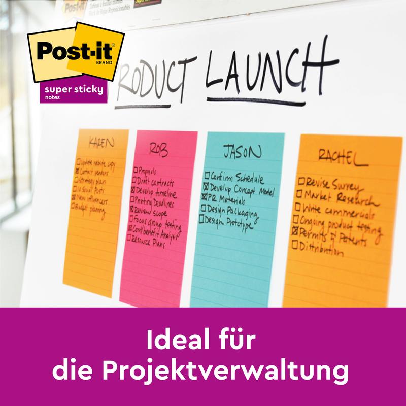A whiteboard with four green, lined Post-it® Super Sticky Notes in large format (101x101 mm, 70 sheets) from 3M Deutschland GmbH for project management. Text below: "Ideal for project management." Logo in the corner.