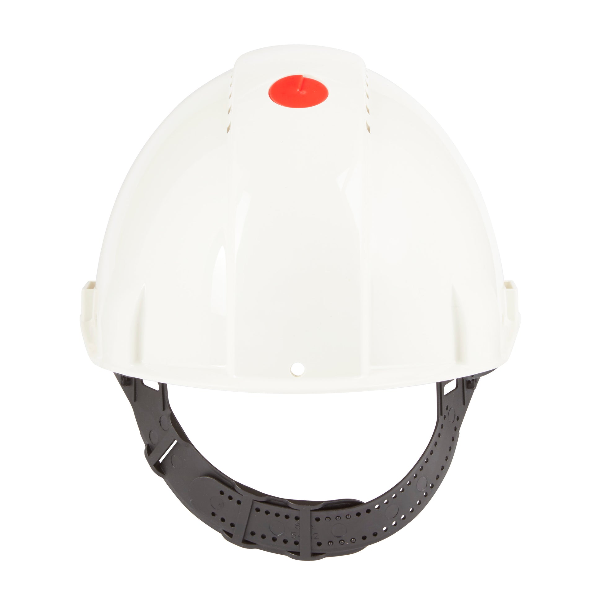 Der 3M™ Schutzhelm G3000C Uvicator von 3M Deutschland GmbH ist ein weißer Schutzhelm mit schwarzem, verstellbarem Kinnriemen und rotem Uvicator-Knopf, abgebildet auf einem schlichten weißen Hintergrund. Ideal für die Anforderungen des Arbeitsschutzes.
