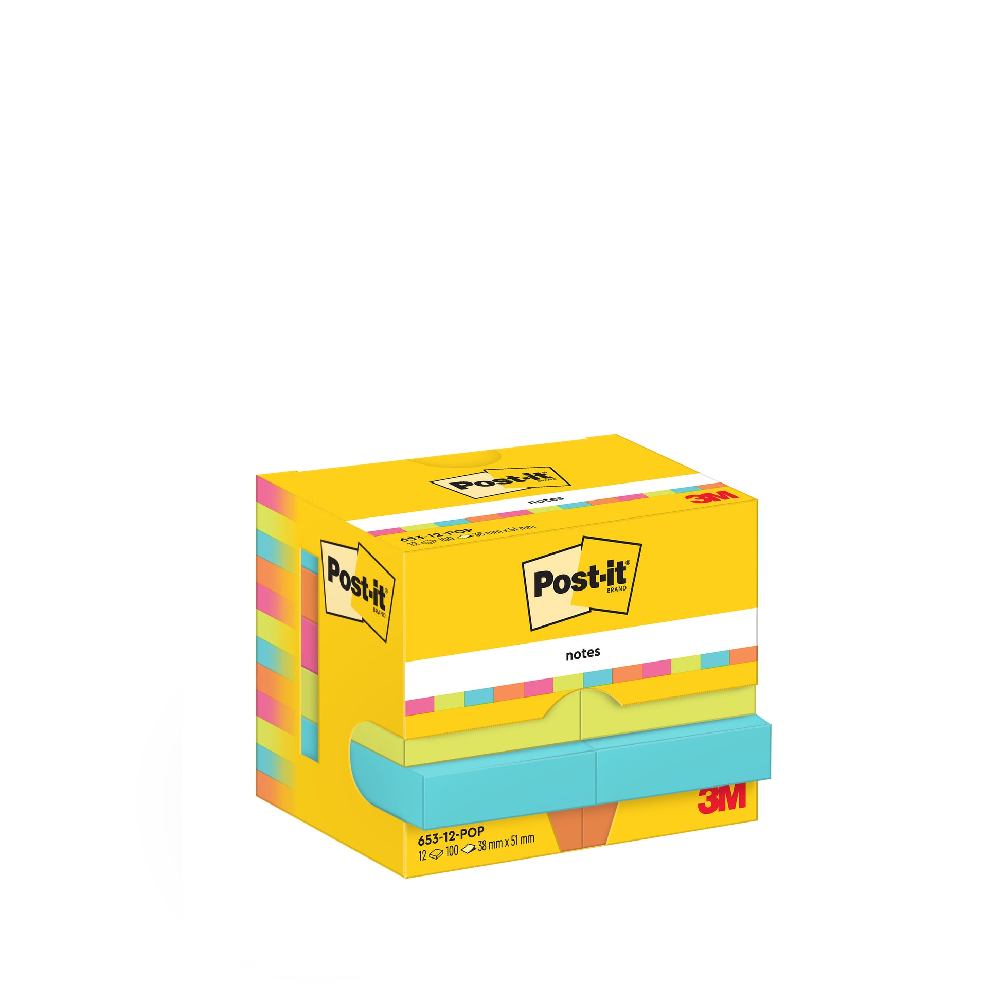 Eine gelbe Kartonschachtel Post-it® Notes, Poptimistic Collection von 3M Deutschland GmbH, enthält 12 Blöcke (38 mm x 51 mm, je 100 Blatt), mit Post-it Logo und Produktangaben auf Vorder- und Rückseite. Hergestellt aus 100% PEFC-zertifiziertem Material.