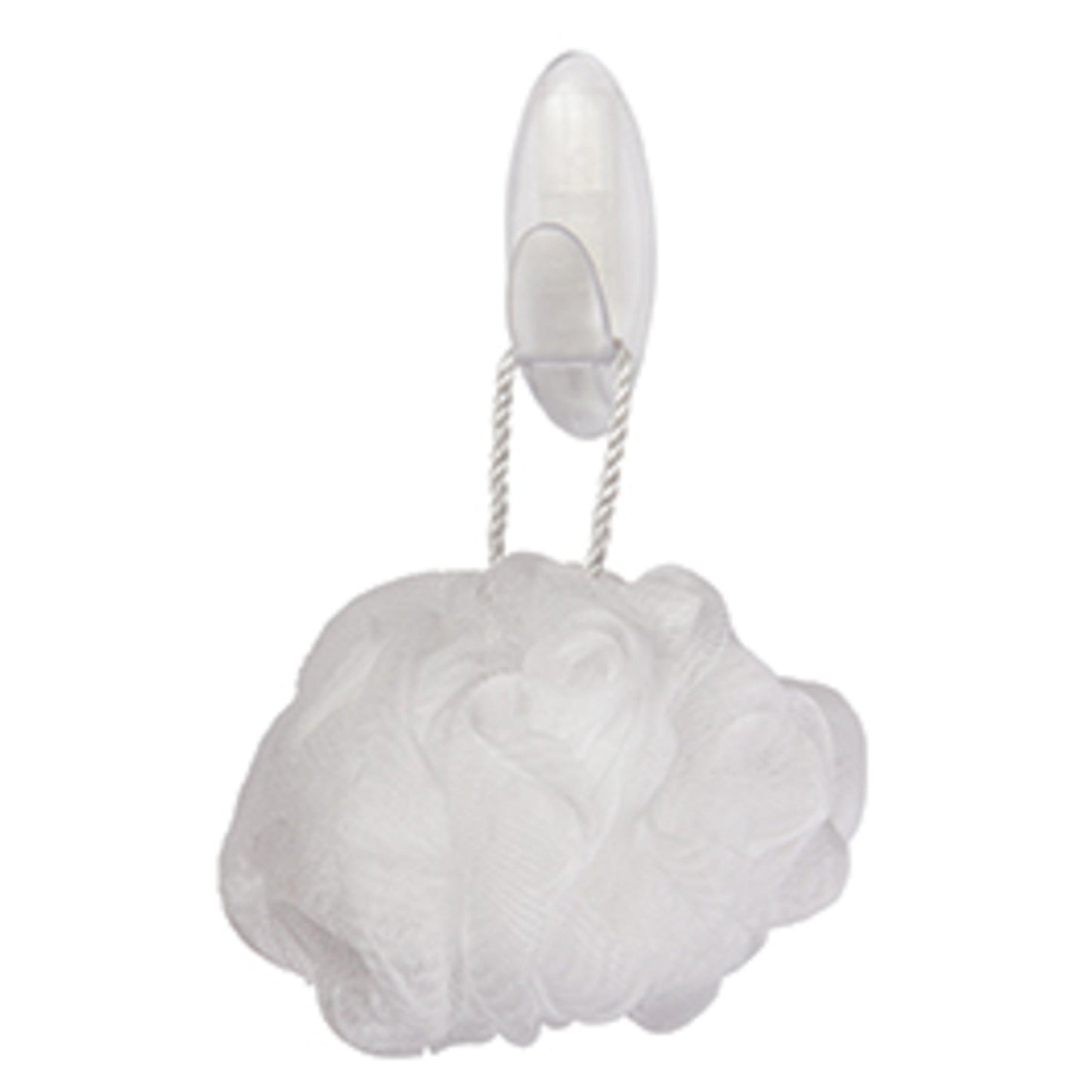 Ein weißer Netz-Badeteppich mit geflochtener Schlaufe hängt an einem Command™ Bad Handtuchhaken von 3M Deutschland GmbH, der an der Wand befestigt ist.