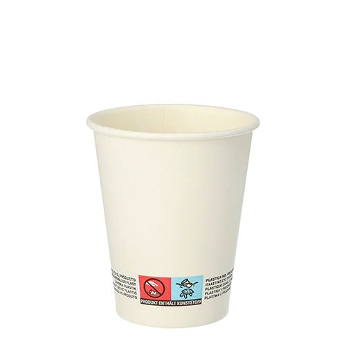 The Starpak 20 “To Go” drinking cup, made of recyclable cardboard (0.2 L, Ø 8–9.1 cm), features warning labels and symbols near the bottom and is shown against a white background.