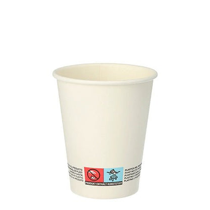 The Starpak 20 “To Go” drinking cup, made of recyclable cardboard (0.2 L, Ø 8–9.1 cm), features warning labels and symbols near the bottom and is shown against a white background.