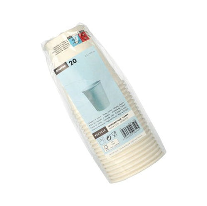 A stack of twenty Starpak 20 “To Go” drinking cups (0.2 L, cardboard, Ø 8–9.1 cm) wrapped in plastic, with a blue label featuring an image of a cup, product information, and recycling symbols for recyclable and eco-friendly materials.
