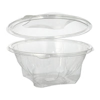 Against a white background, a partially open, clear, round Starpak 50 deli and salad container with a hinged lid, made of R-PET, is shown.