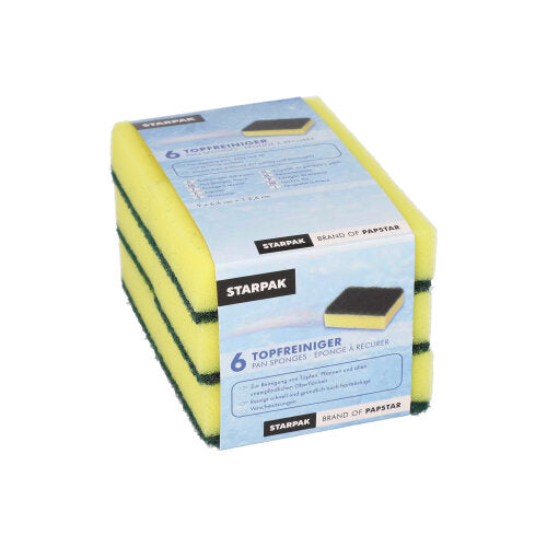 A pack of 6 rectangular Starpak pot cleaner sponges (2.6x9x6.6 cm), yellow/green, abrasive, is stacked and wrapped in a blue-white band with product details.