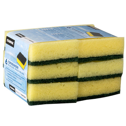 A pack of six rectangular Starpak pot cleaner kitchen sponges (2.6 x 9 x 6.6 cm) in yellow/green with a scratch-resistant surface and banded packaging; the rectangular shape offers a comfortable grip when scrubbing.