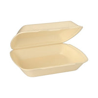 Se muestra una caja para comida para llevar Starpak XPS (7,5 cm x 24,3 cm x 20,8 cm), perteneciente al juego «Starpak 100 cajas para comida con tapa abatible», abierta y vacía sobre un fondo blanco, en la que se aprecia su diseño rectangular de color beige.